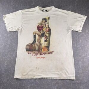 Captain Morgan Shirt Mens Large White Got A Little Captain Pinup Rum Graphic Tee